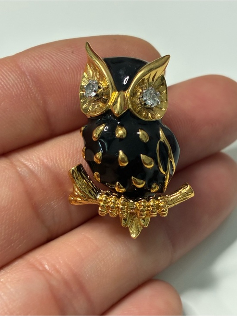 Tiny Miniature Gold and Black Owl Brooch with Crystal Eyes
